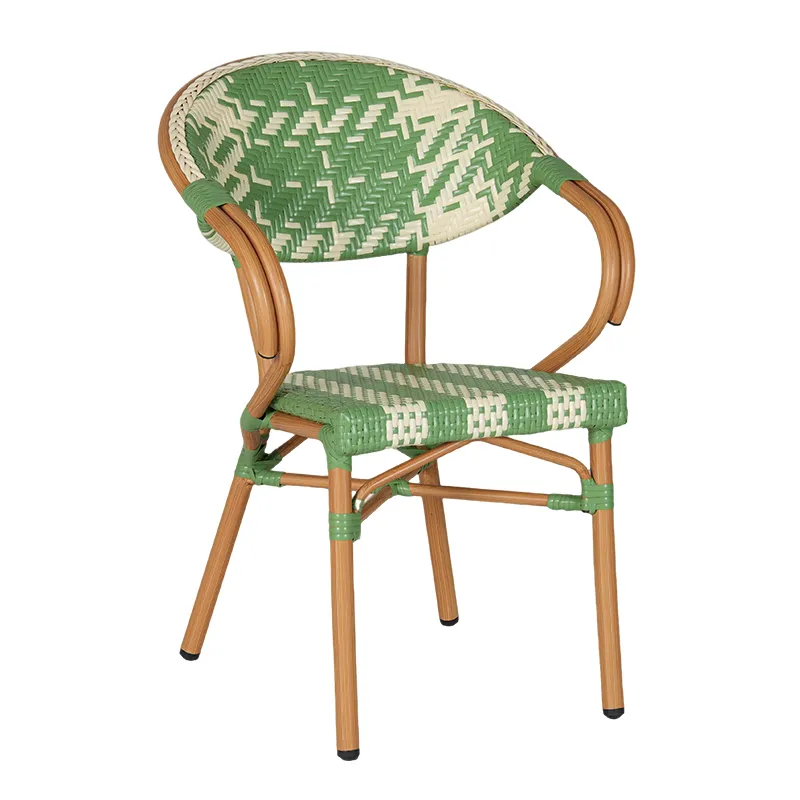 French Caf&eacute; Style Green Woven Rattan Armchair