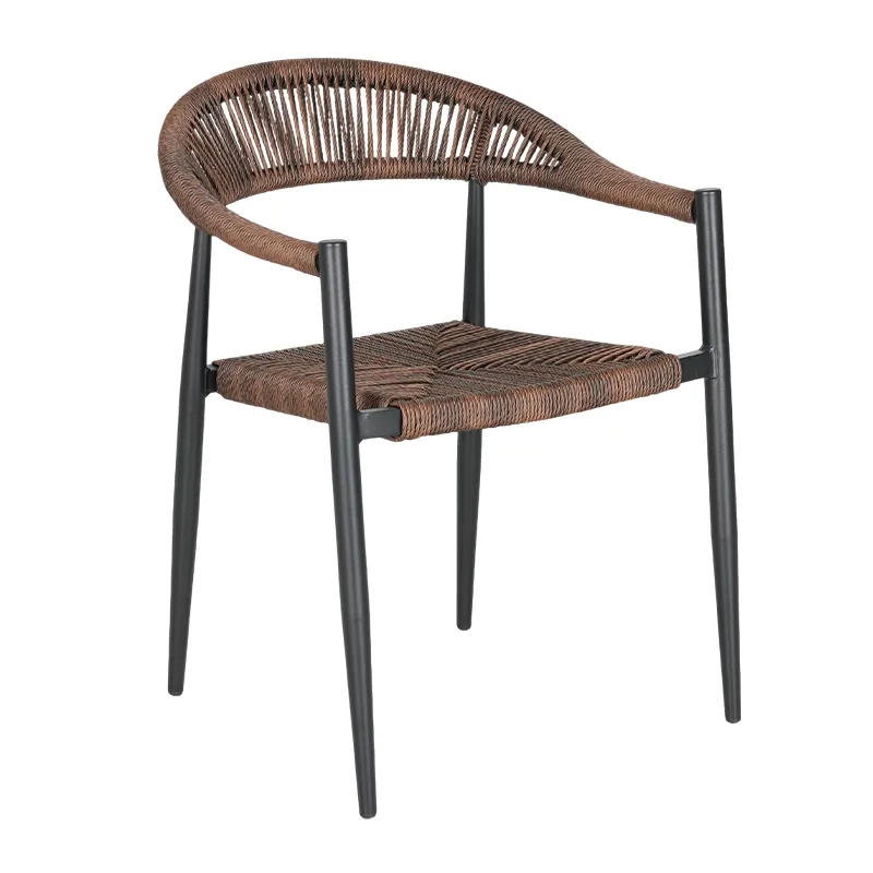 Coffee Brown Woven Rattan Armchair Matte Black Aluminum Frame
