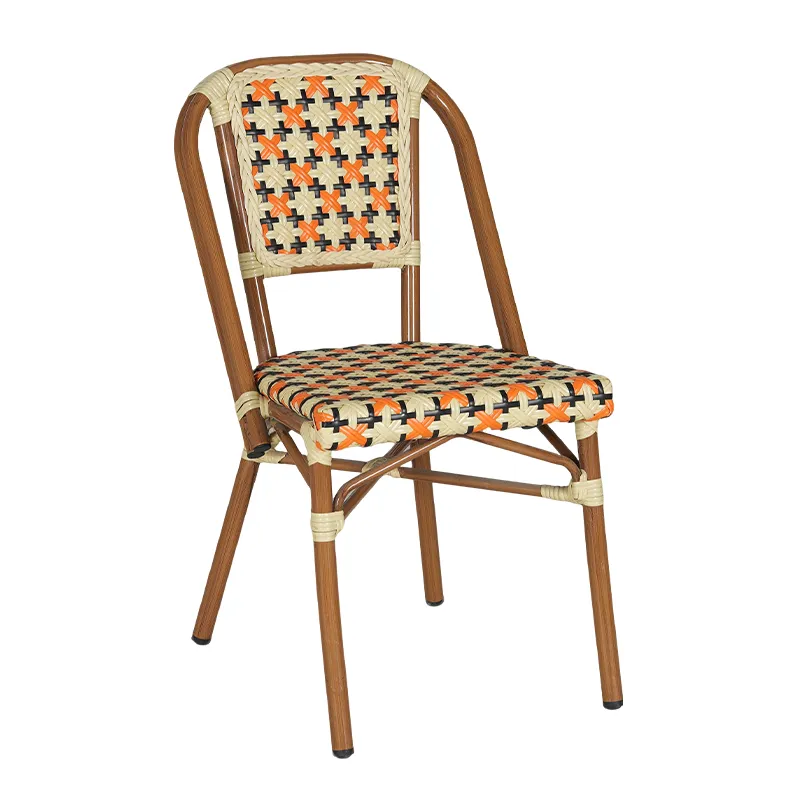 Orange & Black Contrast Woven Rattan-Like Chair Wood-Grain Frame Outdoor Dining Chair