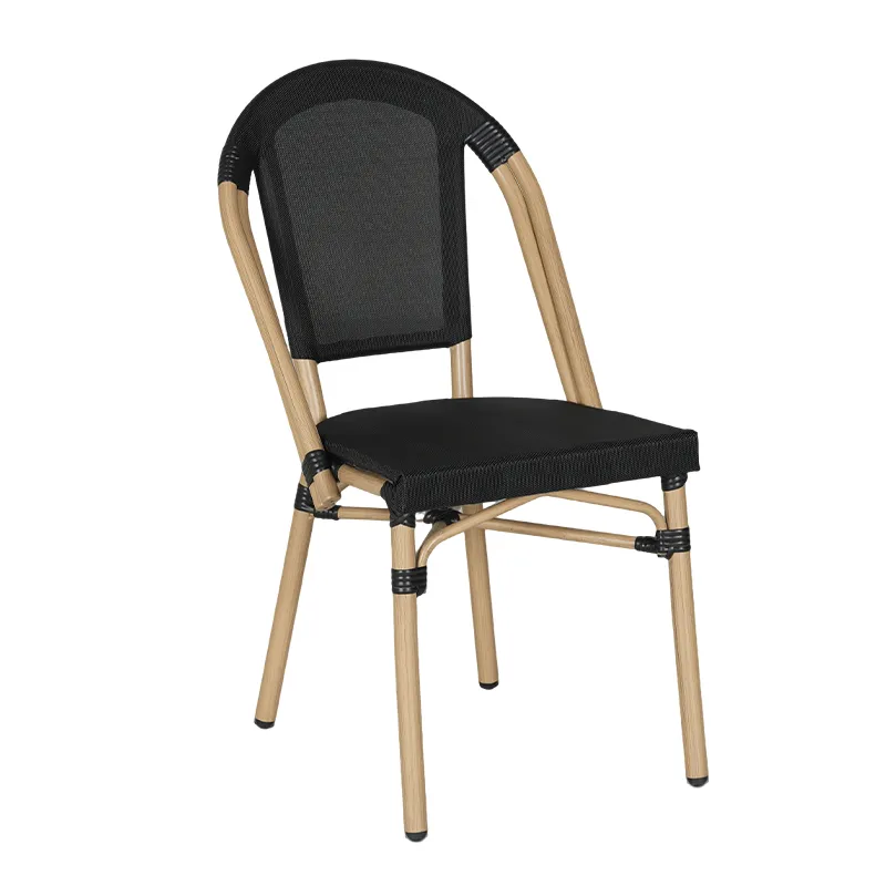 Matte Pure Black Textilene Mesh Chair Beige Imitation Bamboo-Wood Frame