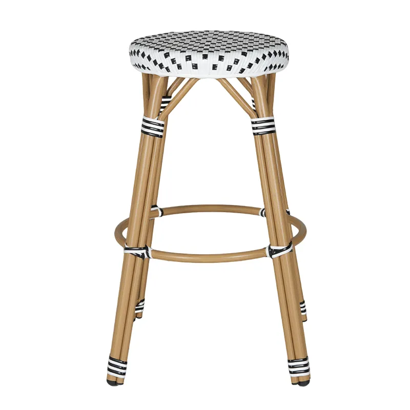 French Classic Black & White Checkered Rattan Bar Stool Vintage Bistro Round Seat 
