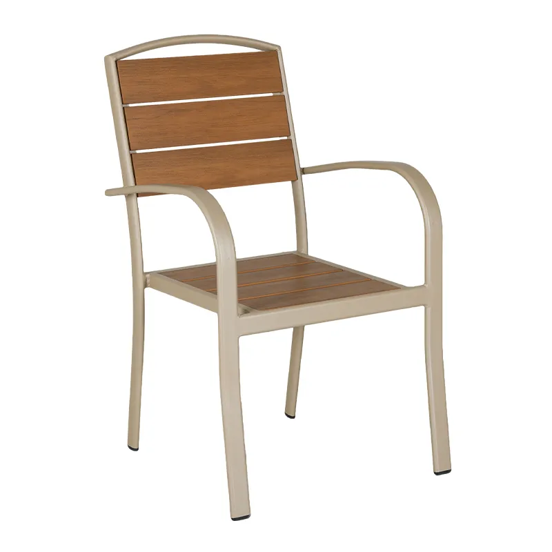Teak Tone Plastic Wood Armchair Horizontal Design