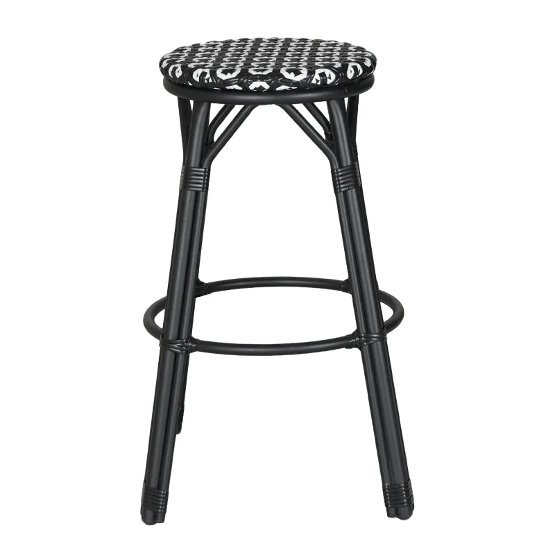 Matte Black & Black-White Chain Pattern Woven Rattan High Bar Stool