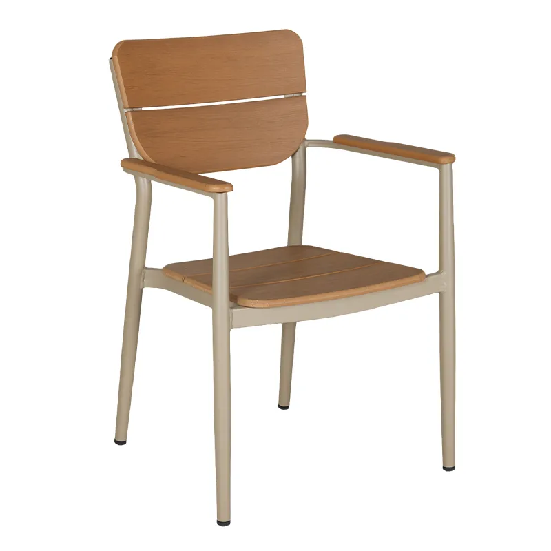 Champagne Gold Aluminum Frame Dining Chair With Plastic Wood Armrest