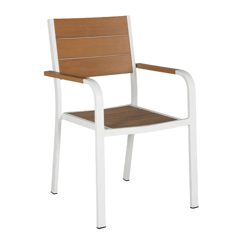 White Full Aluminum Armchair Teak Tone Plastic Wood Back & Seat