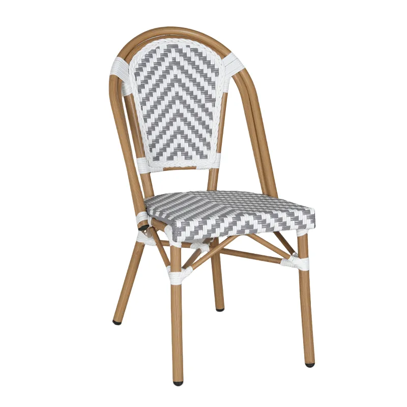 French Vintage Grey & White Herringbone Woven Rattan Chair