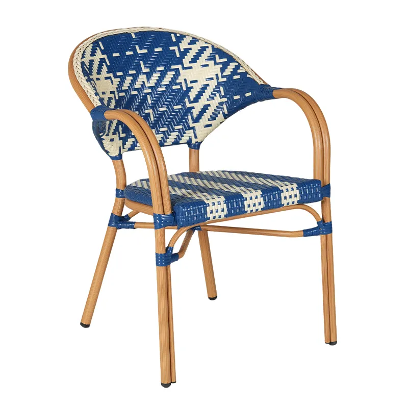 French Bistro Style Blue & White Geometric Woven Rattan Armchair