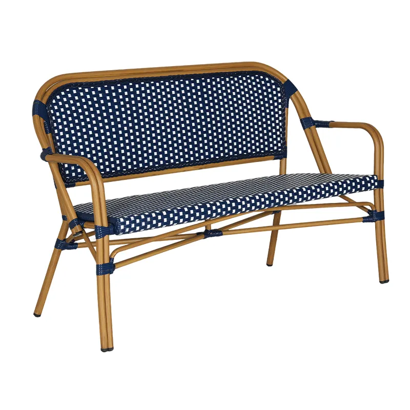 Deep Navy Blue &times; Bright White Checkered Woven Rattan 2-Seater Bench