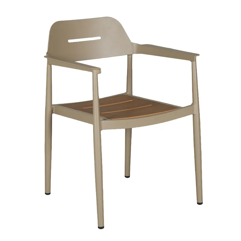 Khaki Full Aluminum Armchair Wood-Grain Plastic Wood Seat