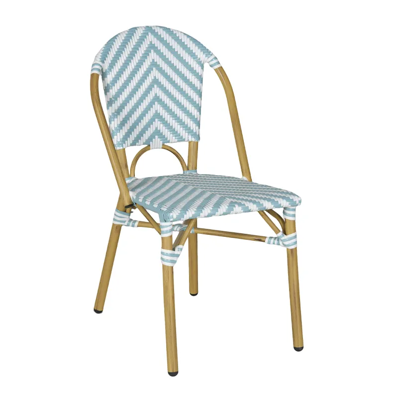 Pastel Blue &times; Bright White Herringbone Woven Rattan Chair Warm Bamboo-Wood Frame