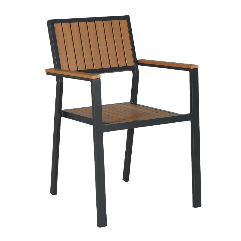 Matte Black Full Aluminum Armchair Teak Tone Plastic Wood Back & Seat