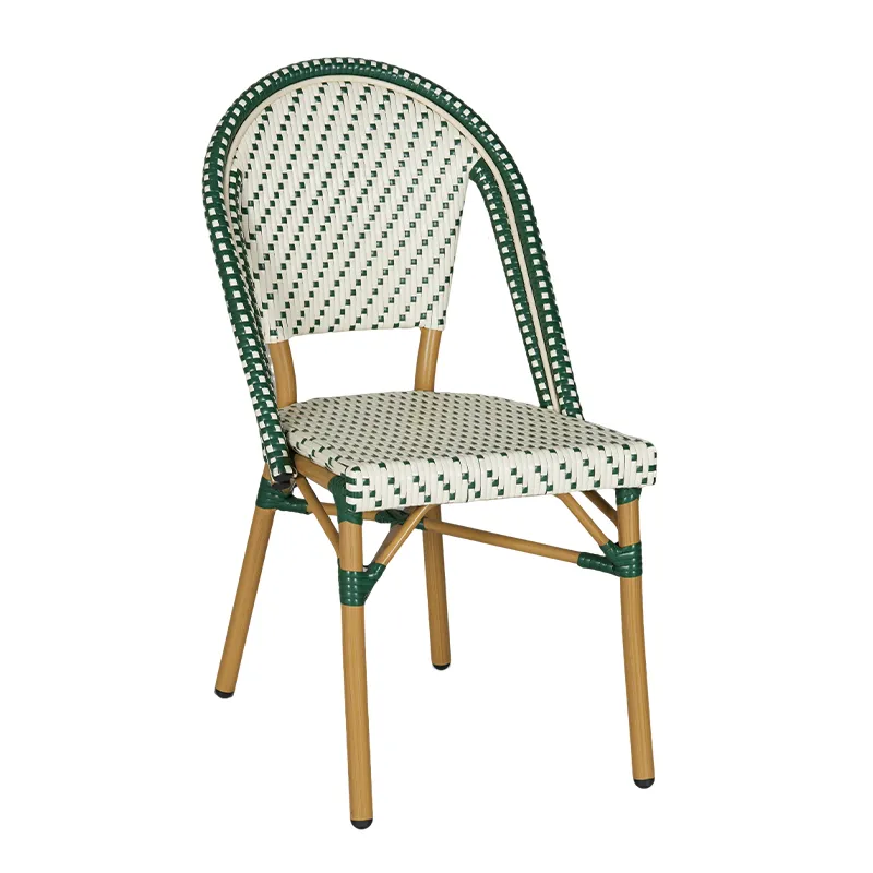 French Classic Emerald Green & Off-White Woven Rattan Side Chair
