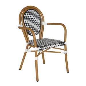French Classic Black & White Woven Rattan Armchair Vintage Parisian 