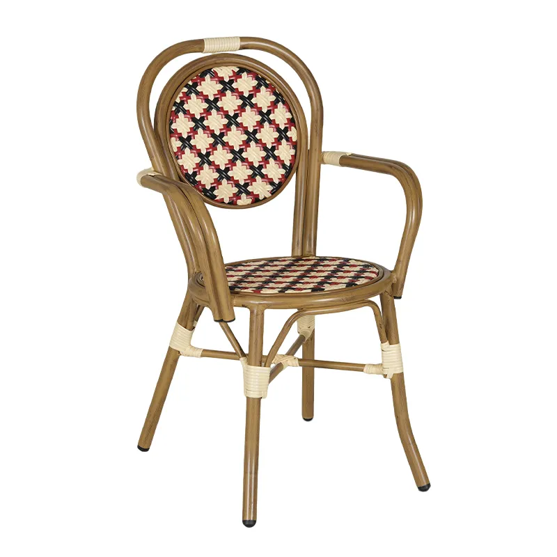 Red, Black & Rice White Tri-Color Woven Rattan Armchair Wood-Tone Frame Outdoor Patio Chair