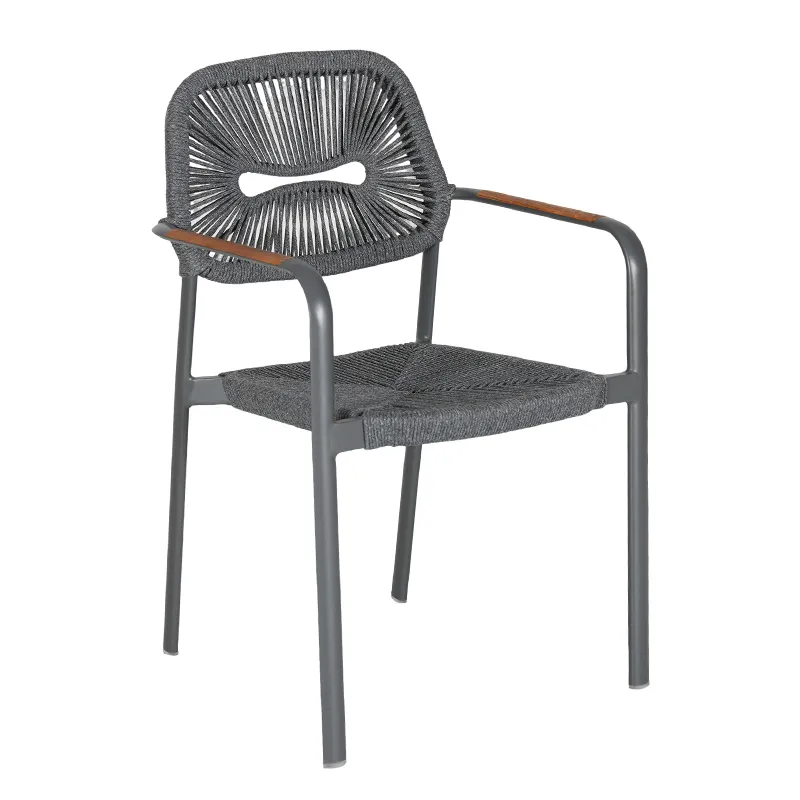 Dark Grey Monochromatic Rope Woven Armchair Dark Charcoal Aluminum Frame with Wood-Tone Accent Armrest