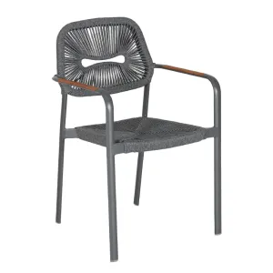 Dark Grey Monochromatic Rope Woven Armchair Dark Charcoal Aluminum Frame with Wood-Tone Accent Armrest