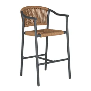 Caramel Brown Braided Rope &times; Deep Charcoal Gray Aluminum Frame Bar Arm High Stool