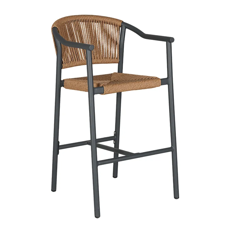 Caramel Brown Braided Rope &times; Deep Charcoal Gray Aluminum Frame Bar Arm High Stool