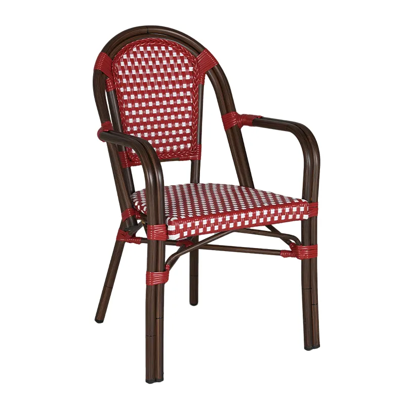 French Classic Red & White Checkered Woven Rattan Armchair Dark Coffee Wood Grain Imitation Frame