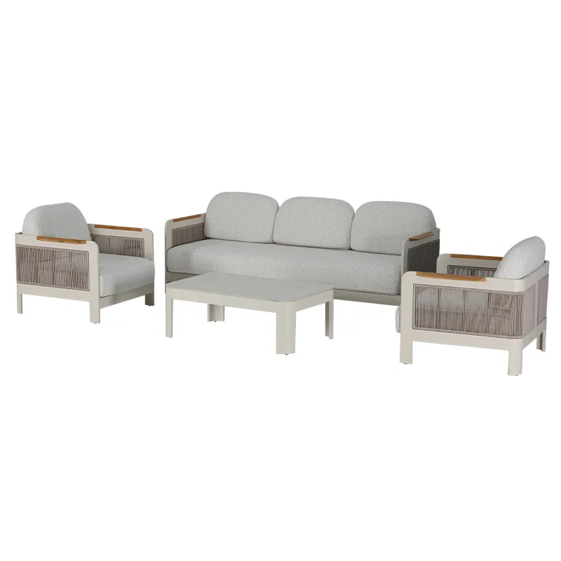 Cream White Full Aluminum Outdoor Sofa Set Natural Wood-Tone Armrest Inlay & Oat Color Fine Rope Weaving