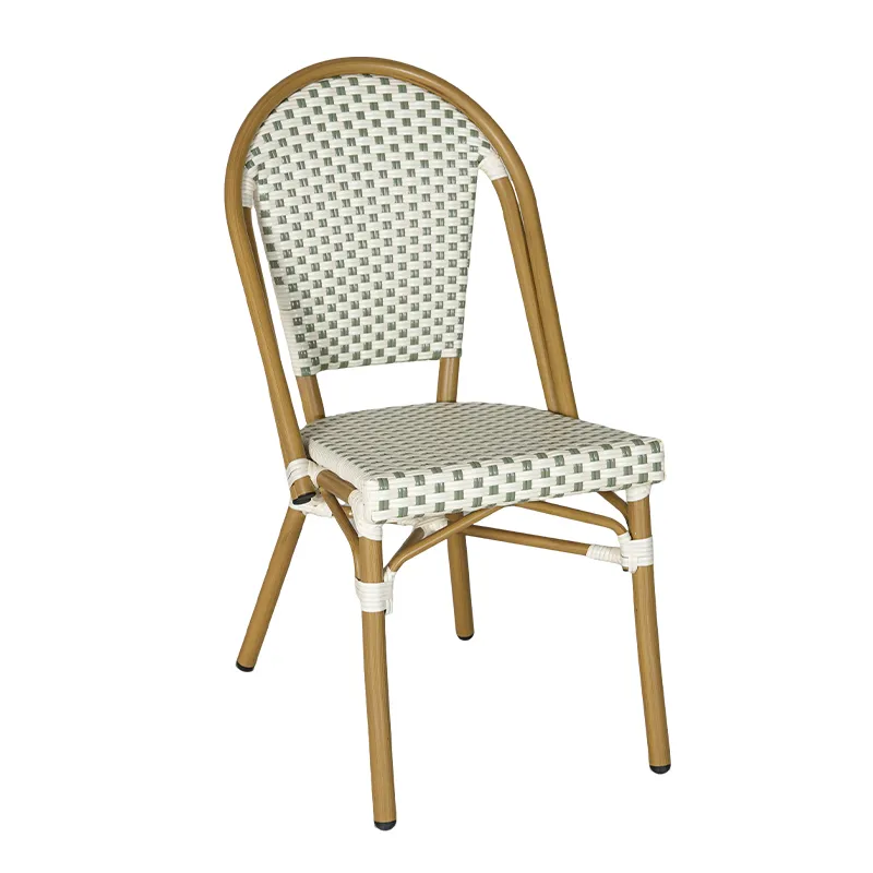 Sage Green & Off-White Checkered Rattan Side Chair Classic French Bistro Round Back with Warm Gold Bamboo-Grain Aluminum Frame