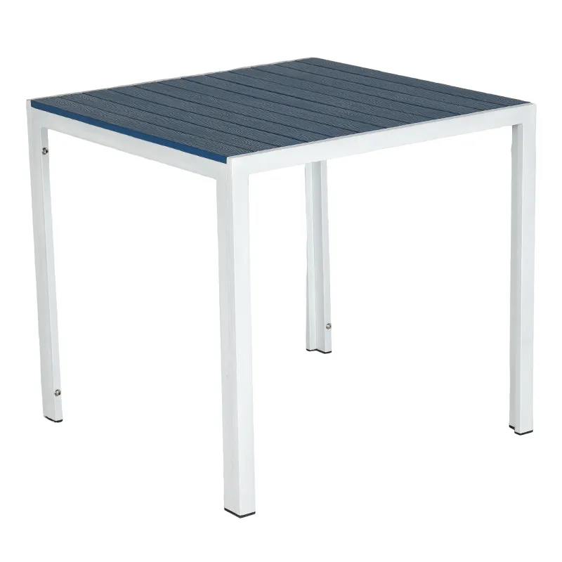 White Full Aluminum Square Outdoor Dining Table Dark Blue Plastic Wood Tabletop with Simple Four Straight Legs
