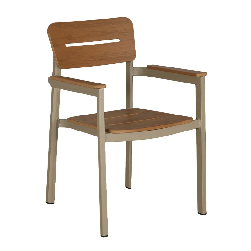  Champagne Gold Full Aluminum Armchair Natural Wood-Tone Plastic Wood Back & Seat