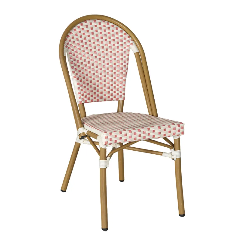  Coral Red & Off-White Checkered Rattan Side Chair