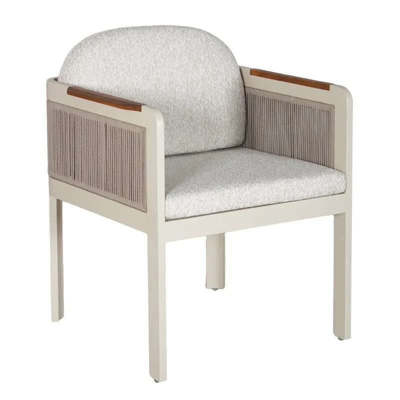 Natural Wood-Tone Armrest Inlay & Oat Color Fine Tight Rope Weaving Dining Armchair