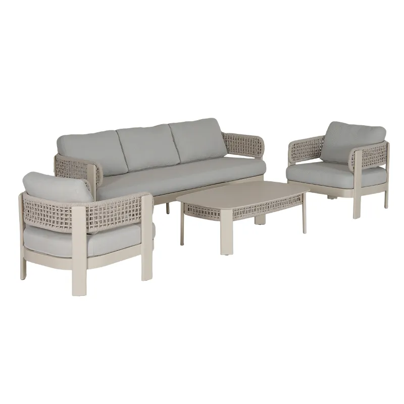 Cream White Full Aluminum Outdoor Sofa Set Oat Color Hollow Rope Weaving with Light Gray Cushions