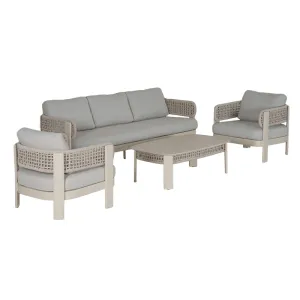 Cream White Full Aluminum Outdoor Sofa Set Oat Color Hollow Rope Weaving with Light Gray Cushions