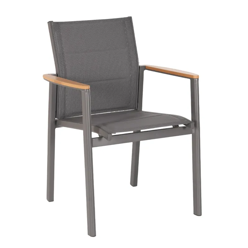 Dark Gray Full Aluminum Armchair Natural Wood-Tone Plastic Wood Armrest with Dark Gray Teslin Mesh Fabric Chair