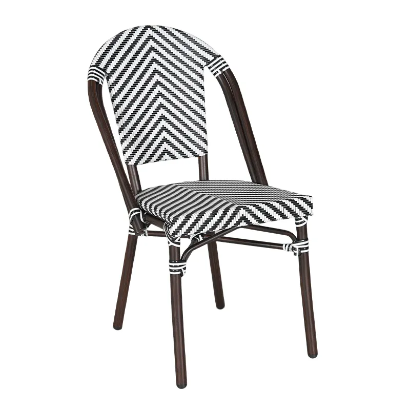 Black & White Chevron Teslin Chair Classic French Bistro Round Back with Dark Coffee Wood-Grain Aluminum Frame