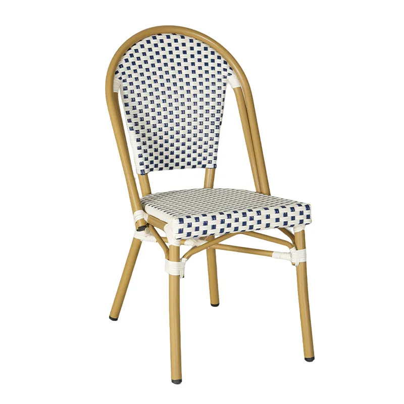 Dark Blue & Off-White Checkered Rattan Side Chair Classic French Bistro Chair
