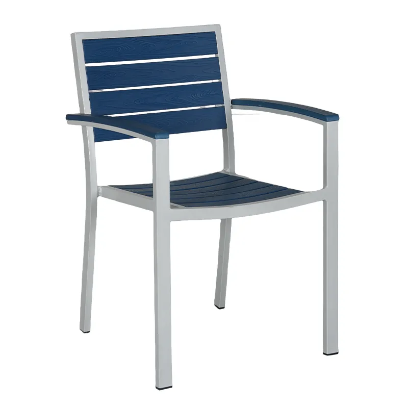 Silver Full Aluminum Armchair Dark Blue Plastic Wood Back & Seat, Modern Simple Style