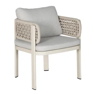 Cream White Full Aluminum Armchair Oat Color Hollow Woven Rope Backrest & Light Gray Seat Cushion Outdoor Single Dining Chair