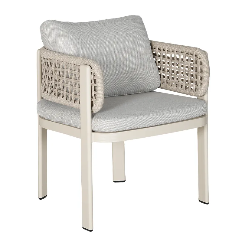 Cream White Full Aluminum Armchair Oat Color Hollow Woven Rope Backrest & Light Gray Seat Cushion Outdoor Single Dining Chair