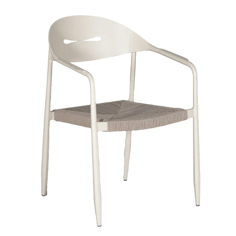 Cream White Aluminum Armchair Taupe Brown Rope Woven Seat