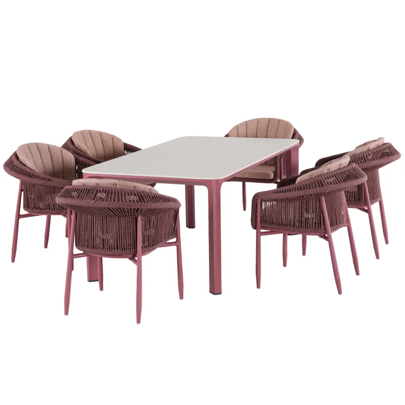 Lion Design KING Coral Red Full Aluminum Outdoor Dining Set 1 Table + 6 Chairs