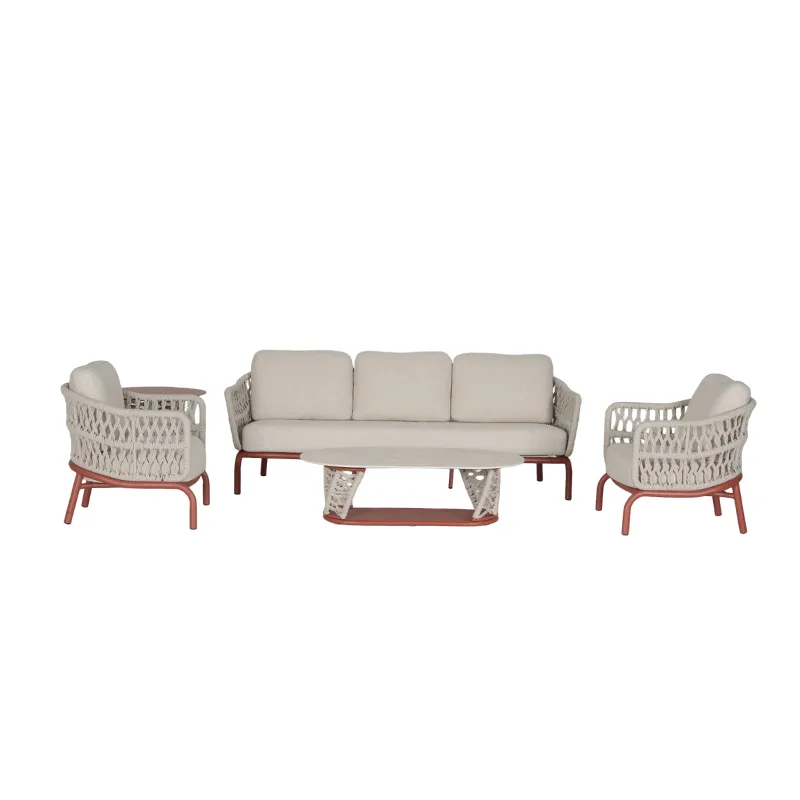 Cream White Rope Weave Outdoor Sofa Set Modern Resort Patio Sofa Suite with Orange-Red Aluminum Frame & Beige Cushions
