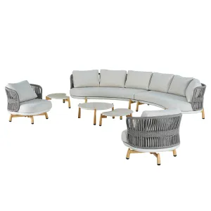 Cream White Curved Modular Outdoor Sofa Set Modern Resort Patio Sofa Suite with Rope Weave Armrests & Light Wood Coffee Table