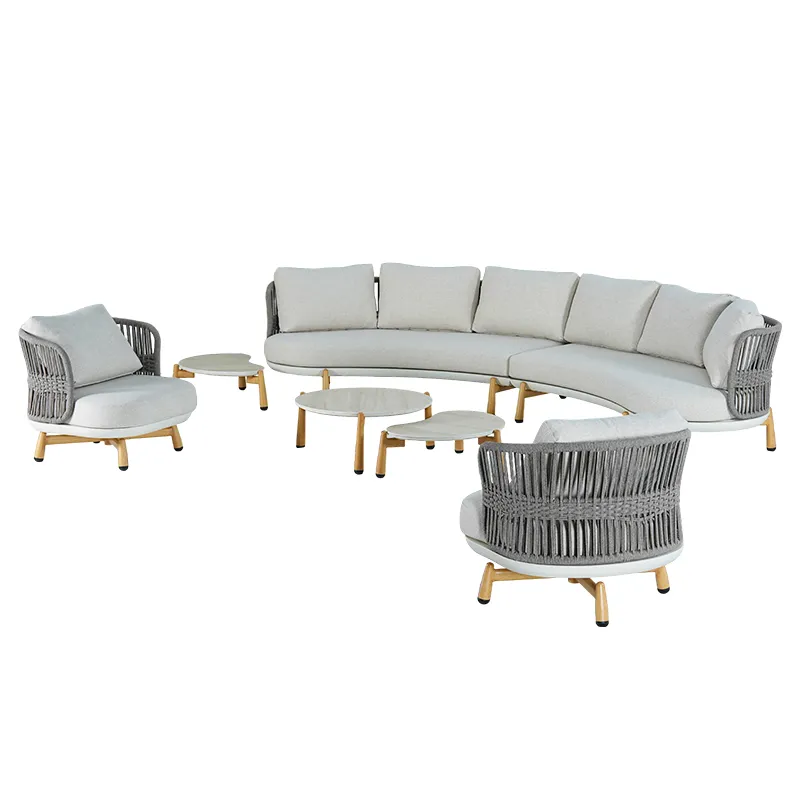 Cream White Curved Modular Outdoor Sofa Set Modern Resort Patio Sofa Suite with Rope Weave Armrests & Light Wood Coffee Table