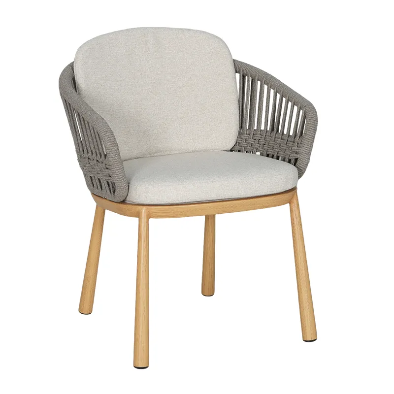  Capella Aluminum Dining Chair Cord‑Woven Back, Wood‑Grain Brushed Aluminum Legs, With Seat & Back Cushions