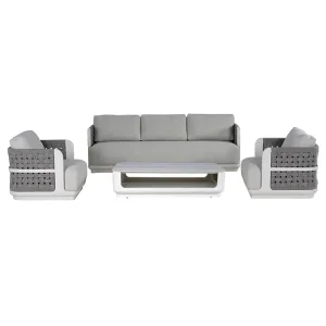 Gray White Rope Weave Modular Sofa Set Modern Low-Saturation Patio Sofa Suite with Beige Cushions & Gray Coffee Table
