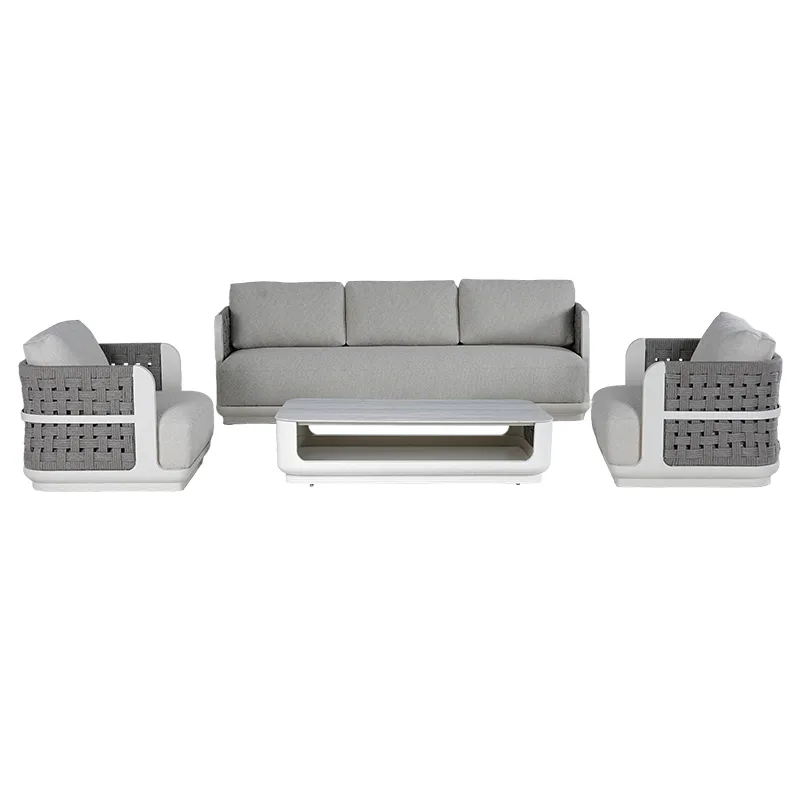 Gray White Rope Weave Modular Sofa Set Modern Low-Saturation Patio Sofa Suite with Beige Cushions & Gray Coffee Table