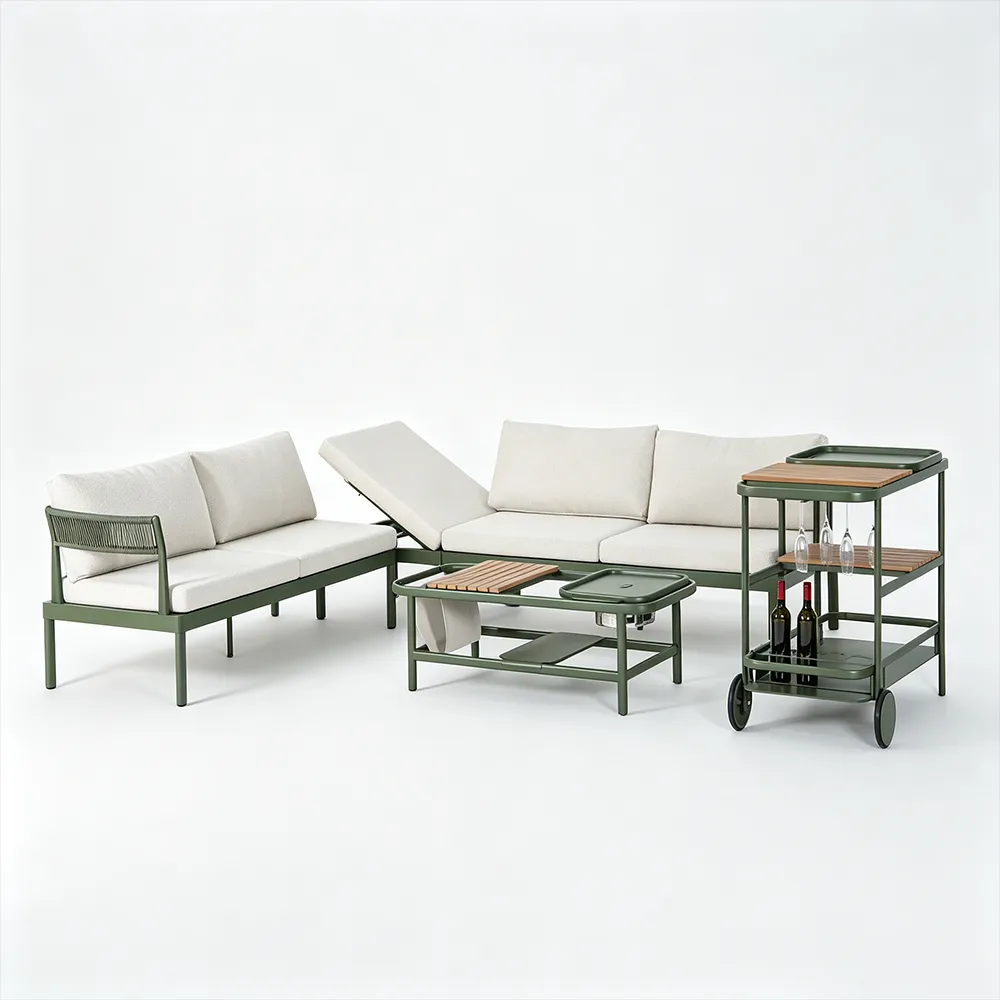 Olive Green Modular Outdoor Lounge Sofa Set Multi-Function Patio Combination Sofa with Reclining Chaise, Coffee Table & Mobile Service Cart
