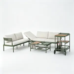 Olive Green Modular Outdoor Lounge Sofa Set Multi-Function Patio Combination Sofa with Reclining Chaise, Coffee Table & Mobile Service Cart