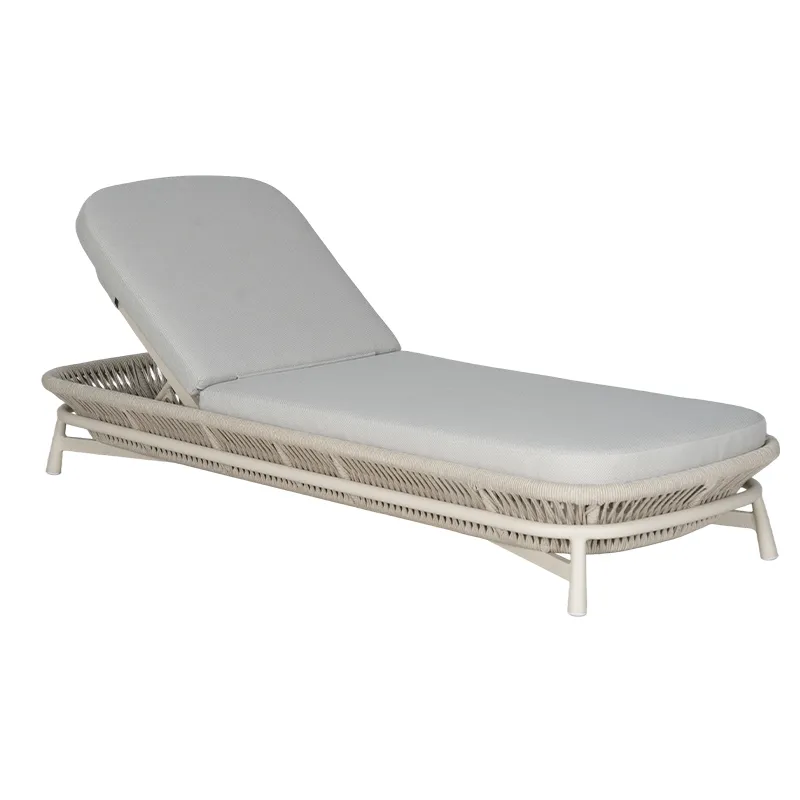 Cream White Rope Weave Outdoor Chaise Lounge Adjustable Backrest Patio Reclining Lounger with Beige Cushion