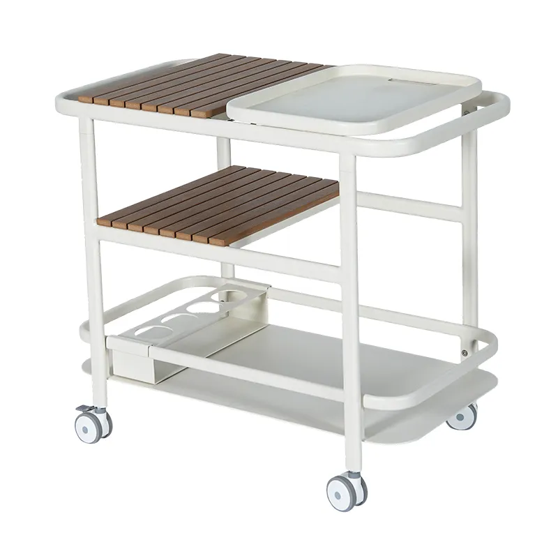 Chariot de service &agrave; roulettes d'ext&eacute;rieur Coastal, chariot de patio avec &eacute;tag&egrave;res et plateau d'aspect bois