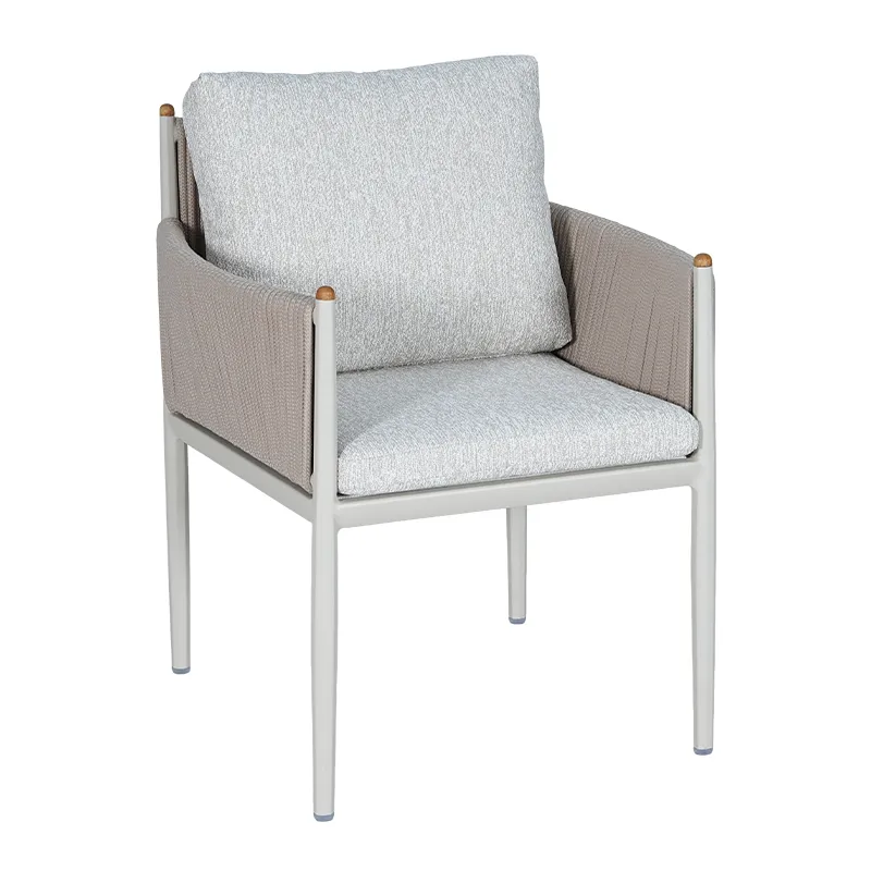 Lion Design Bliss Beige-Gray Upholstered Outdoor Armchair Modern Comfort Patio Dining Chair with Rope Side Panels & Teak Accents